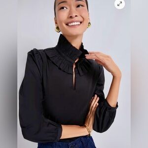 TUCKERNUCK Black Stretch Poplin Ruffle Neck Bouvier Blouse (Size L) NWT $168